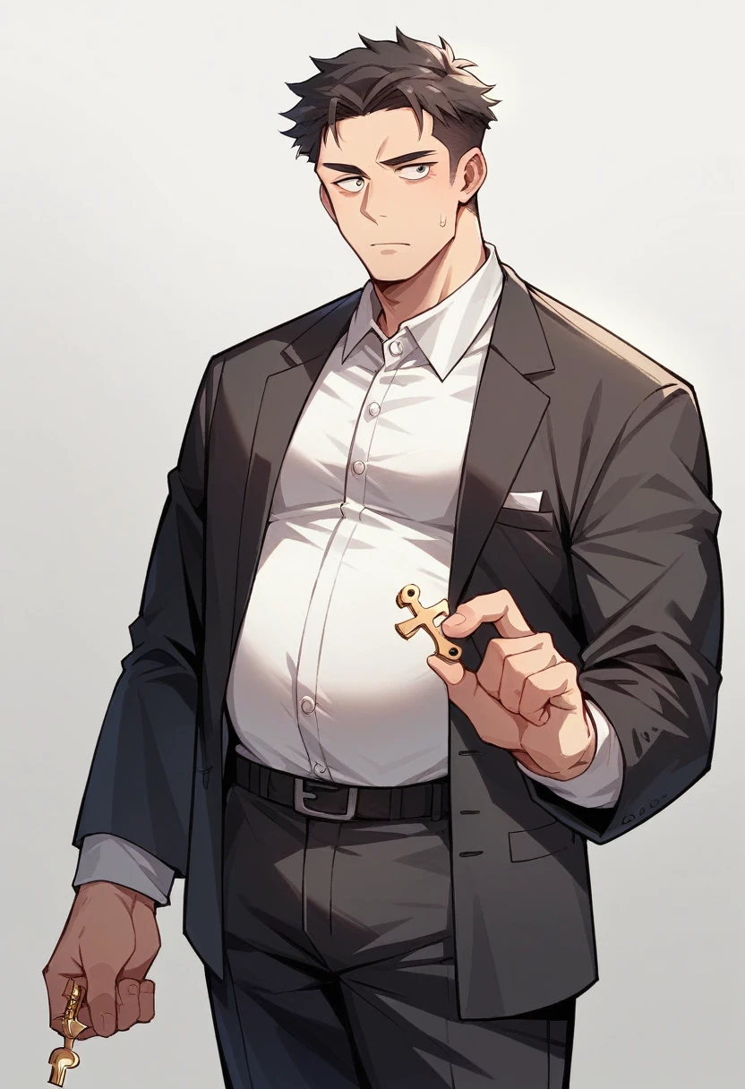 24 year old male, weight 50kg, just an ordinary face, fair skin, wearing a black formal shirt, holding an important key in his hand, looking forward.