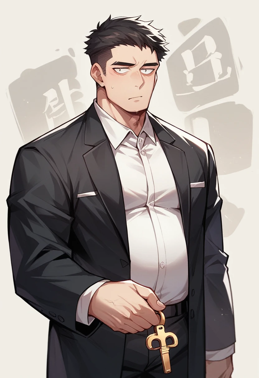 24 year old male, weight 50kg, just an ordinary face, fair skin, wearing a black formal shirt, holding an important key in his hand, looking forward.