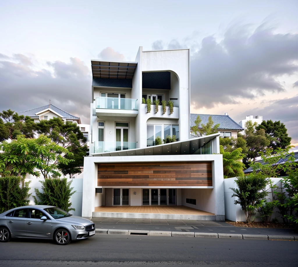 exterior ,house in vietnam, roof, window, clolum, plant around the building, ((realistic photo)), RAW photo, corona render, sharper photo, details texture, clean design, concrete-colored laminate wall, perspective, high-end, realistic photography, Bright, sharp, unique details, award-winning photography , Canon EOS 5D DSLR Mark IV, f/ 6, ISO 100, 1/ 250 sec, soft natural light, best quality, super high resolution