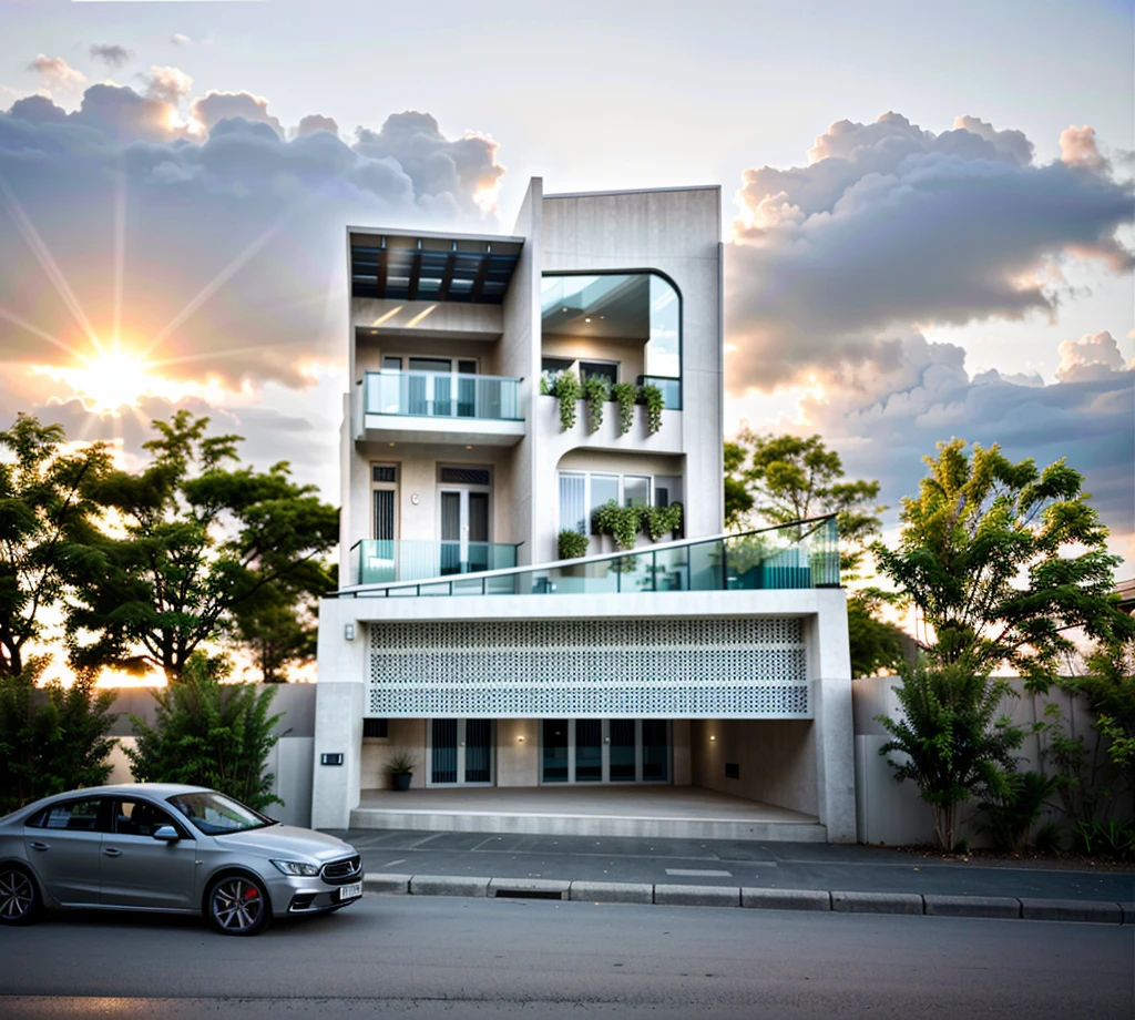 exterior ,house in vietnam, roof, window, clolum, plant around the building, ((realistic photo)), RAW photo, corona render, sharper photo, details texture, clean design, concrete-colored laminate wall, perspective, high-end, realistic photography, Bright, sharp, unique details, award-winning photography , Canon EOS 5D DSLR Mark IV, f/ 6, ISO 100, 1/ 250 sec, soft natural light, best quality, super high resolution