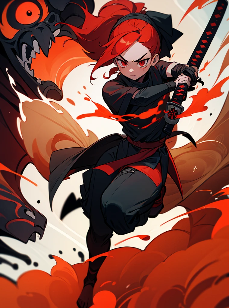 A girl with red hair and short red eyes with a face like her clothes are a white ninja and black lines, she wears a swirling bandana and uses a katana covered in fire full body destruction wallpaper along with ninjas in conrrandola 