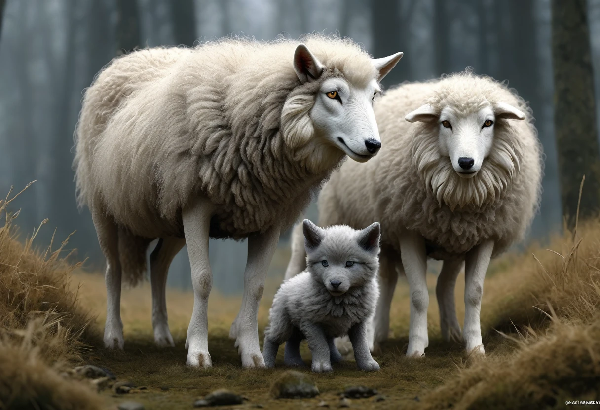 One sheep and one wolf, ((the wolf mimic the sheep), (proportions parfaites, masterpiece, hyperRéaliste, masterpiece, superior quality, high resolution, Extremely detailed, highly detailed 8K wallpaper, détails fractales), wolf love sheep
