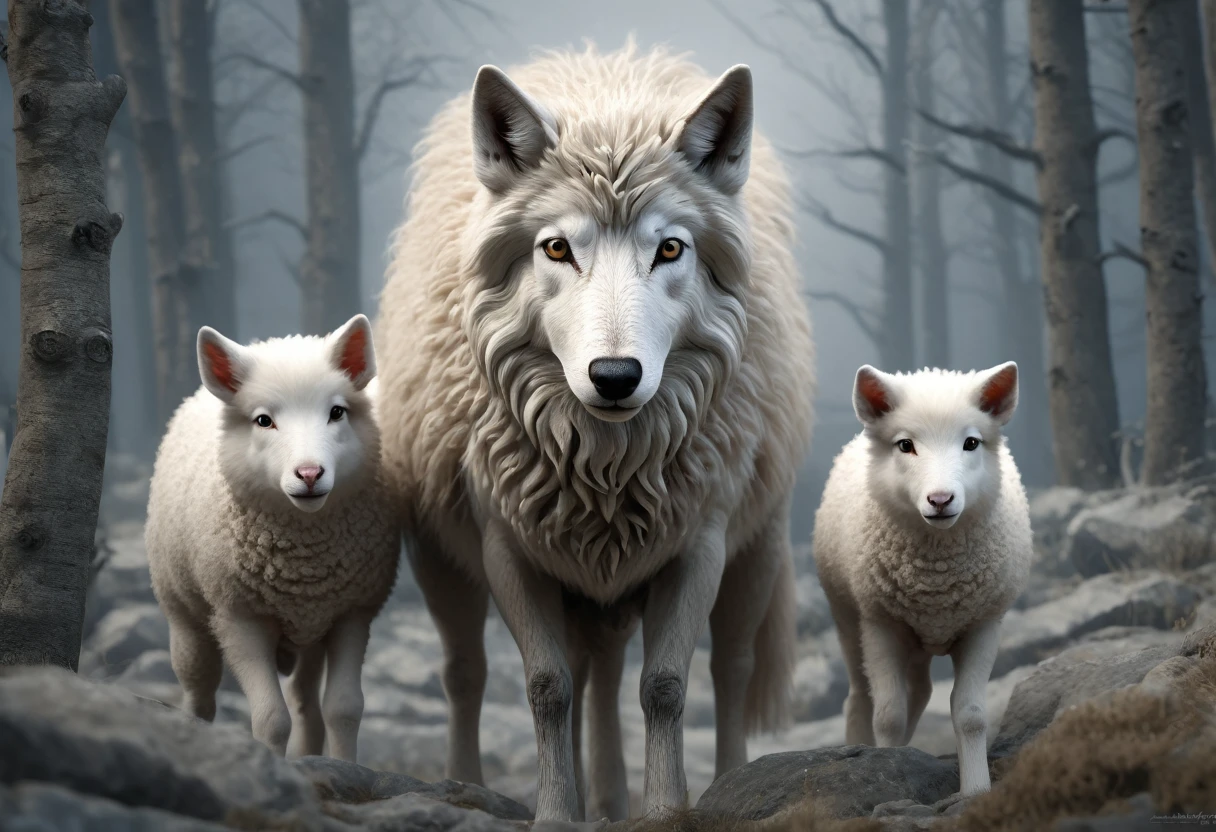 One sheep and one wolf, ((the wolf mimic the sheep), (proportions parfaites, masterpiece, hyperRéaliste, masterpiece, superior quality, high resolution, Extremely detailed, highly detailed 8K wallpaper, détails fractales), wolf love sheep