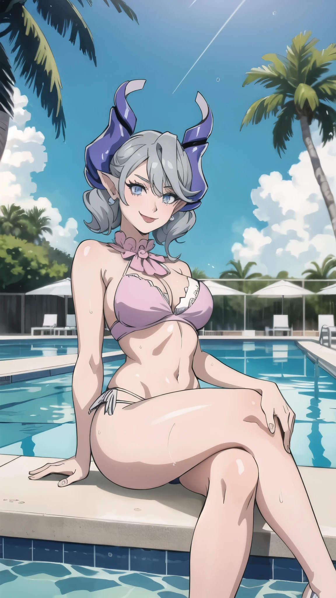 High level image quality best image quality 8K adult woman pool party rain palm trees more colors whole body view portrait bikini horn ears short hair((shortcut)(gray hair)(perm)(fluffy)) eye color is blue , , attractive evil face , smile , sexy pose , labrynth , barearm , wearing pink shirt , sitting on person by the pool , crossed legs , all wet , wet hair