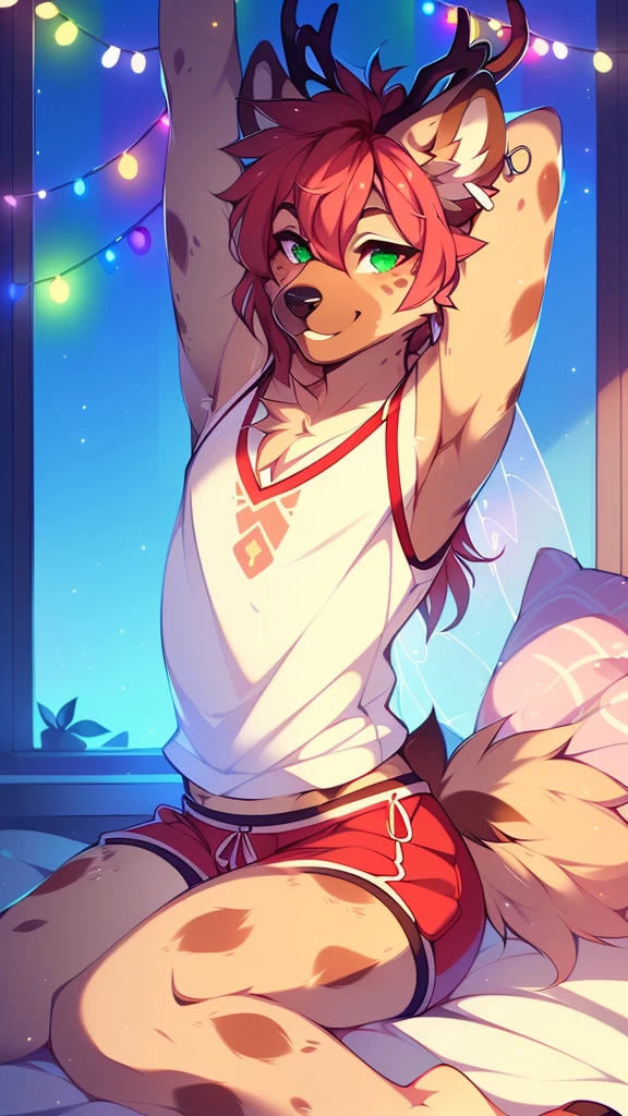 ((sfw)) Solo, A cute anthro, (((half hyena half deer))), male, (cute snout:1.2) full body, ((by hyattlen, by fumiko, ((by zackary, by fumiko)), solo, anthro, male deer, deer antlers, Bright brown fur body, ((brown ears)), red hair, mullet, detailed eyes,  (heterochromatic eyes), diferent color eyes, one red eye and one green eye, bright white neck, dark hyena spots, white fawn spots, white chest, perfect drawn tail, hyena arms, hyena paws, soft and warm chest, verry fluffy body, smirk, toned body, great , femboy jock, big ass, thick thighs, looking at the viwer, bedroom eyes, half lidded eyes, well drawn hands, wearing tiny pijama shorts and a matching cropped spaghetti strap shirt, earrings, eyebrow piercing, good , detail, stretching, next to a open window, first thing in the morning, just woke up, sun rise, waking up, bed hair, baby blue light pink and white color scheme for the clothes, pastel colors, pink yellow and blue background color scheme, (full body), bed, college room, fairy lights, posters, rainbow flag, gamer set up, 