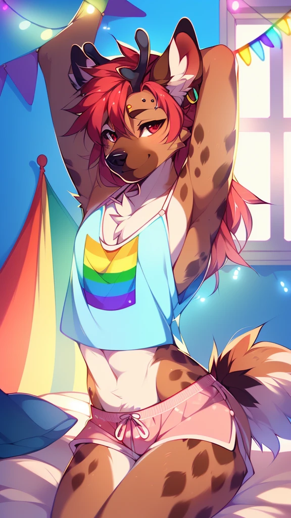 ((sfw)) Solo, A cute anthro, (((half hyena half deer))), male, (cute snout:1.2) full body, ((by hyattlen, by fumiko, ((by zackary, by fumiko)), solo, anthro, male deer, deer antlers, Bright brown fur body, ((brown ears)), red hair, mullet, detailed eyes,  (heterochromatic eyes), diferent color eyes, one red eye and one green eye, bright white neck, dark hyena spots, white fawn spots, white chest, perfect drawn tail, hyena arms, hyena paws, soft and warm chest, verry fluffy body, smirk, toned body, great anatomy, femboy jock, big ass, thick thighs, looking at the viwer, bedroom eyes, half lidded eyes, well drawn hands, wearing tiny pijama shorts and a matching cropped spaghetti strap shirt, earrings, eyebrow piercing, good anatomy, detail, stretching, next to a open window, first thing in the morning, just woke up, sun rise, waking up, bed hair, baby blue light pink and white color scheme for the clothes, pastel colors, pink yellow and blue background color scheme, (full body), bed, college room, fairy lights, posters, rainbow flag, gamer set up, 