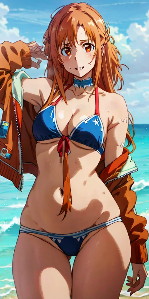 orange hair, fold, braid, long hair, orange eyes, 1girl,swimsuit, jacket, red_jacket, breasts, bikini, navel, ass_visible_through_thighs, looking_at_viewer, o-ring, sky, choker, thigh_gap, outdoors, solo, cloud, day, collarbone, multi-strapped_bikini, black_bikini, bare_shoulders, open_jacket, open_clothes, off_shoulder, cowboy_shot, black_choker, blue_sky, ocean, cleavage, skindentation, lips, medium_breasts, water, stomach, beach, track_jacket, glow effects, godrays, Hand drawn, render, 8k, octane render, cinema 4d, blender, dark, atmospheric 4k ultra detailed, cinematic, Sharp focus, big depth of field, Masterpiece, colors, 3d octane render, 4k, concept art, trending on artstation, hyperrealistic, Vivid colors, extremely detailed CG unity 8k wallpaper, trending on CGSociety, Intricate, High Detail, dramatic, steaming face, steaming,