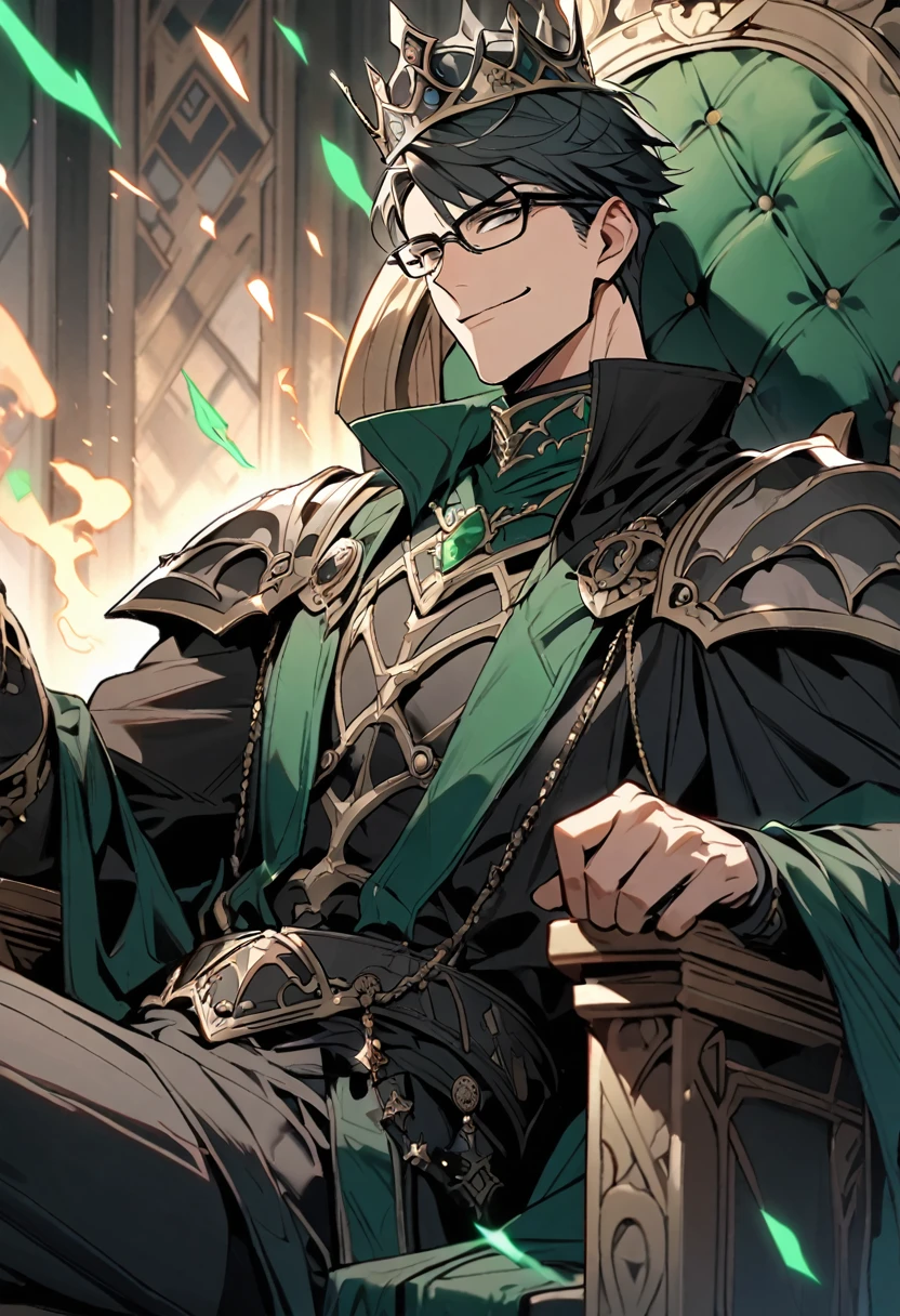 A man wearing glasses with a sly smile, a black crown, a man with short hair, gray-black eyes, a warrior king outfit, bone armor, and a black robe sat on a throne. An enormous power swirled, a dark green color like poison mixed with black. There was a king's crown and a big shiny ax next to it, a black axe.