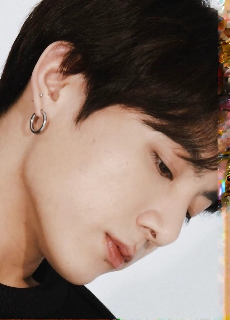 a closeup of a person wearing a black shirt and a pair of earrings, jungkook, Jimin\his right eyelid is swollen, Jimin\full lips, Jimin\'s grecian nose, hyung tae, black haired yoongi, slightly defined jaw, park Jimin, kim taejin, Jimin, accurate Jimin face, well defined jaw, profile picture