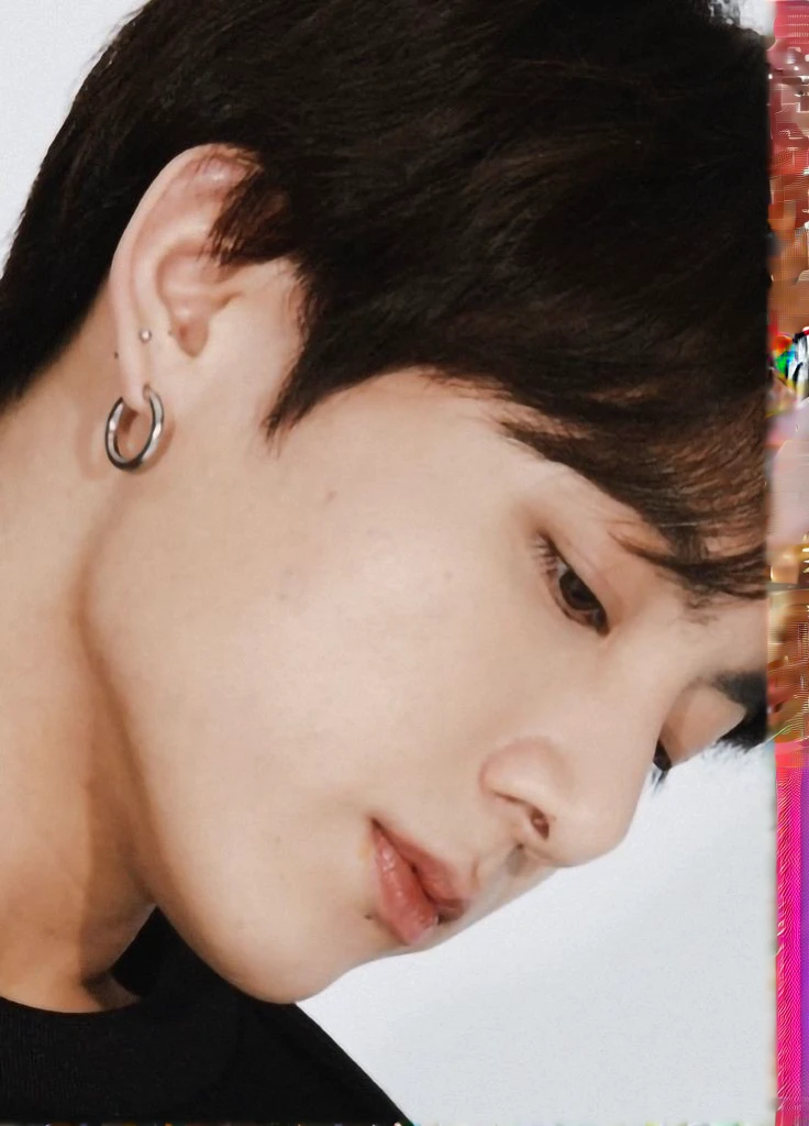 a closeup of a person wearing a black shirt and a pair of earrings, jungkook, Jimin\his right eyelid is swollen, Jimin\full lips, Jimin\'s grecian nose, hyung tae, black haired yoongi, slightly defined jaw, park Jimin, kim taejin, Jimin, accurate Jimin face, well defined jaw, profile picture