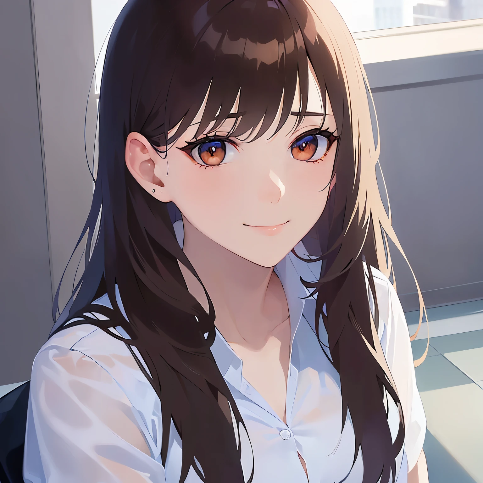 looking up, Upper Body, Realistic, real person, (pale skin: 1.2), RAW photo, photorealistic, shiny skin, shiny hair、(A 25-year-old woman with medium-length hair and bangs) and (wavy hair) and (brown hair) and (Orange Eyes) , (business suit:1.5) and (white collared shirt) 、(sad smile:1.5), Background is an office room、Alone、Sitting
