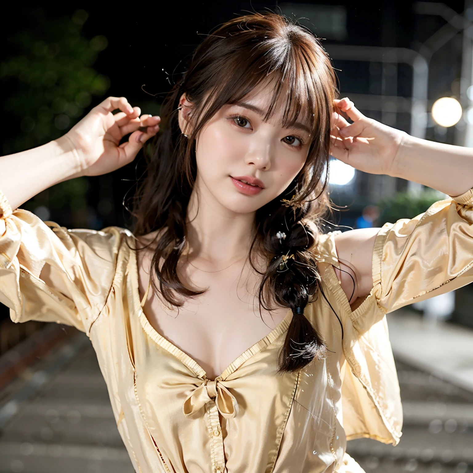 Highest quality, Realistic, 8K, High resolution, girl, 1 girl, woman, (Skin dents), (Big Breasts), (Professional Lighting, Bokeh), (street), (people々, crowd: 0.6), market, (night: 1.2), (brown), (blouse: 1.5), (Portraiture: 0.6), nice, bloom, (Floating Hair), Braided hair, (Particles of light, Lens flare, Lumine particles: 0.6), (Dynamic pose: 1.2), Soft lighting, (((Vulgarity)), Stupid,