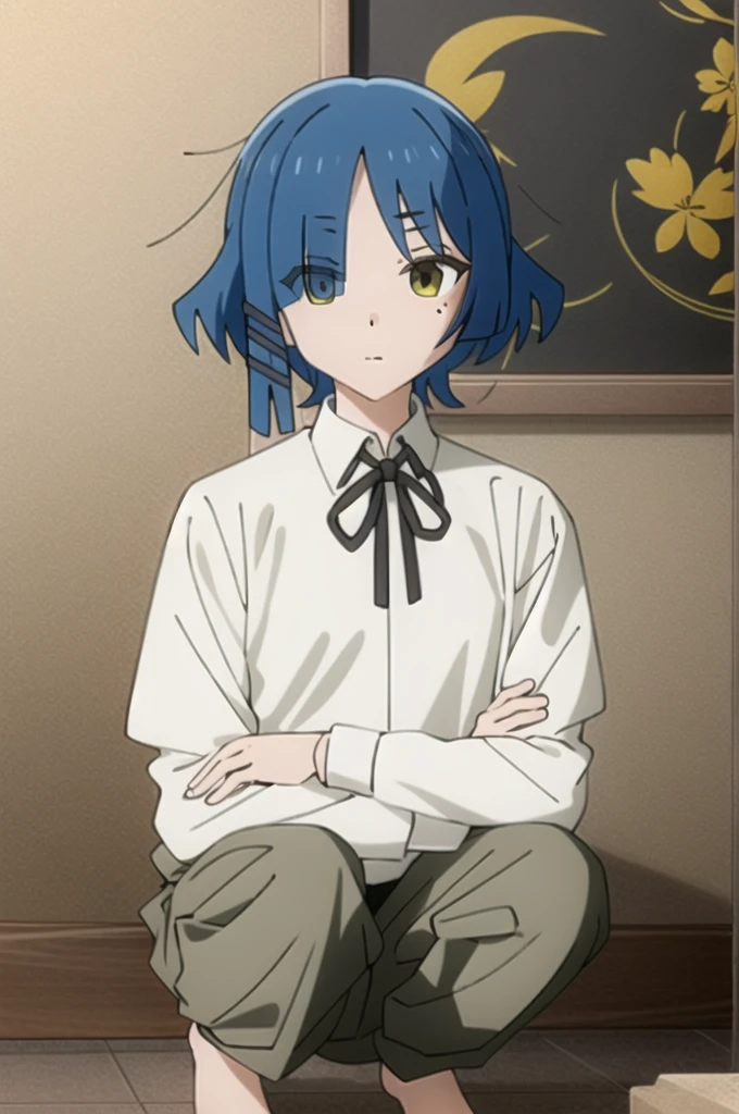 expensive body, expensive, Long legs, mature female, mature, Adult, It is_mouth_Ryu, One girl, alone, Mole, Blue Hair, Mole under eye, short hair, shirt, white shirt, Short skirt,barefoot,View your viewers, black ribbon, bangs, Yellow Eyes, collared shirt, ribbon, mouthを閉じた, neck ribbon, Portraiture, Expressionless, Parody, Eyes visible through hair, hair ornaments, , Hair Clip, squat,I can see your pants