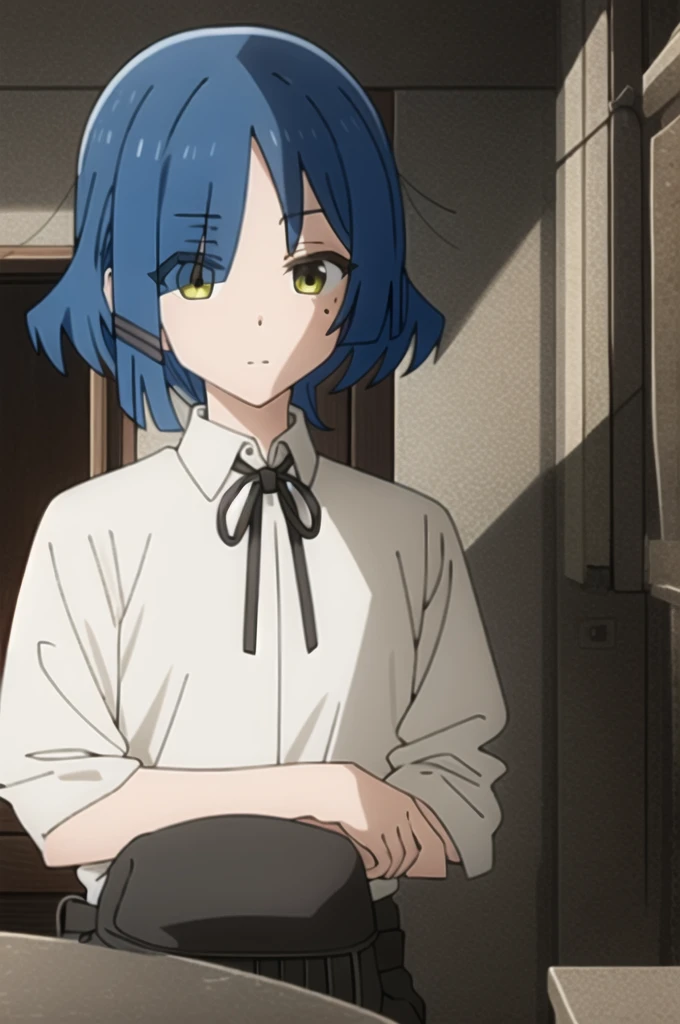 expensive body, expensive, Long legs, mature female, mature, Adult, It is_mouth_Ryu, One girl, alone, Mole, Blue Hair, Mole under eye, short hair, shirt, white shirt, Short skirt,barefoot,View your viewers, black ribbon, bangs, Yellow Eyes, collared shirt, ribbon, mouthを閉じた, neck ribbon, Portraiture, Expressionless, Parody, Eyes visible through hair, hair ornaments, , Hair Clip, squat,I can see your pants