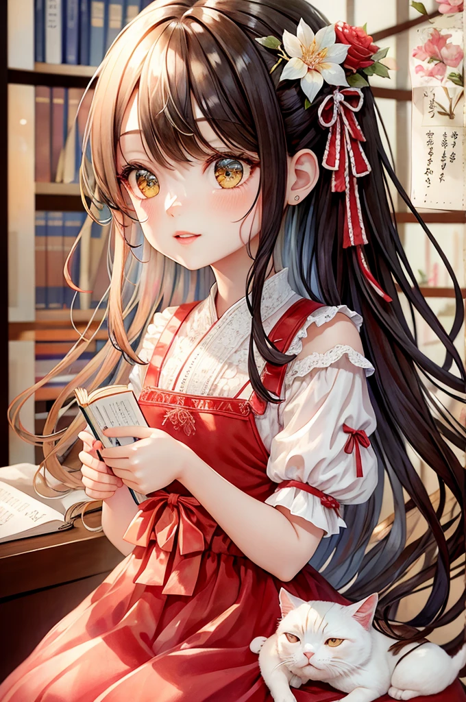 A girl reading a book in a library and a white cat、Long Hair－、White dress with red lace、Flower Hair Ornaments