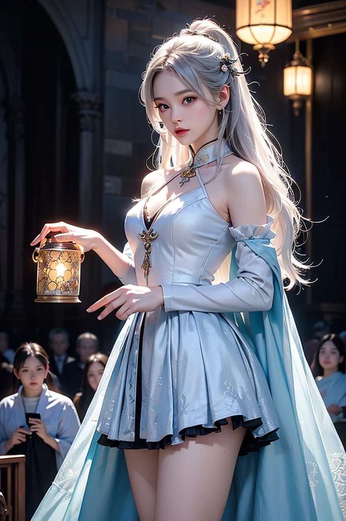 ((masterpiece:1.5,Highest quality,Highly detailed images,Beautiful images、Realistic、Photorealistic、2.5D))(1girl, 独奏)(medium breasts, white hair, black eyes, Healthy legs、Tight ass、Beautiful cleavage)(Fantasy dresses、Fantasy Clothes、Battle Dress from Another World、Deep slit)(wind, floating hair)(Inside the castle、Audience Chamber)