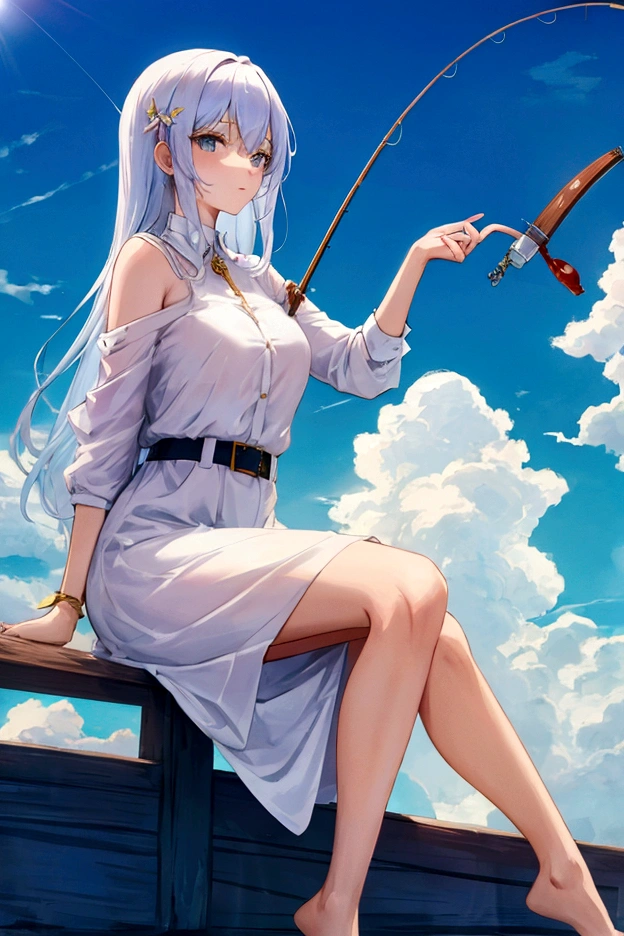 Beautiful woman sitting on a cloud and fishing,