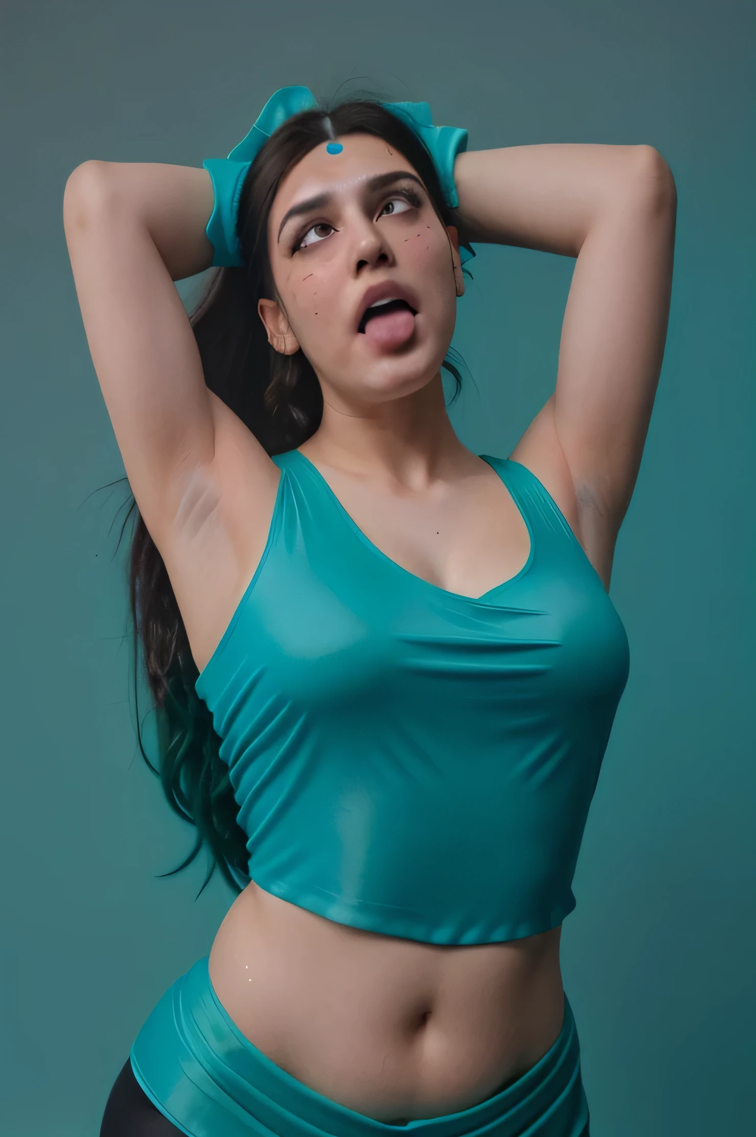 Looks like Kriti Sanon,wearing a sleeveless saree,
,31 year old woman,slightly chubby ,studio quality ,arms up,armpits, armpits,sweat,sweaty,sweaty armpits,awesome armpits,sweating ,sleeveless,exhausted,tired, turquoise blouse, green outfit,wearing arm bands,arms raised,very tired,sweating,arms raised,both arms raised,sweaty,blue arm warmers,red arm bands