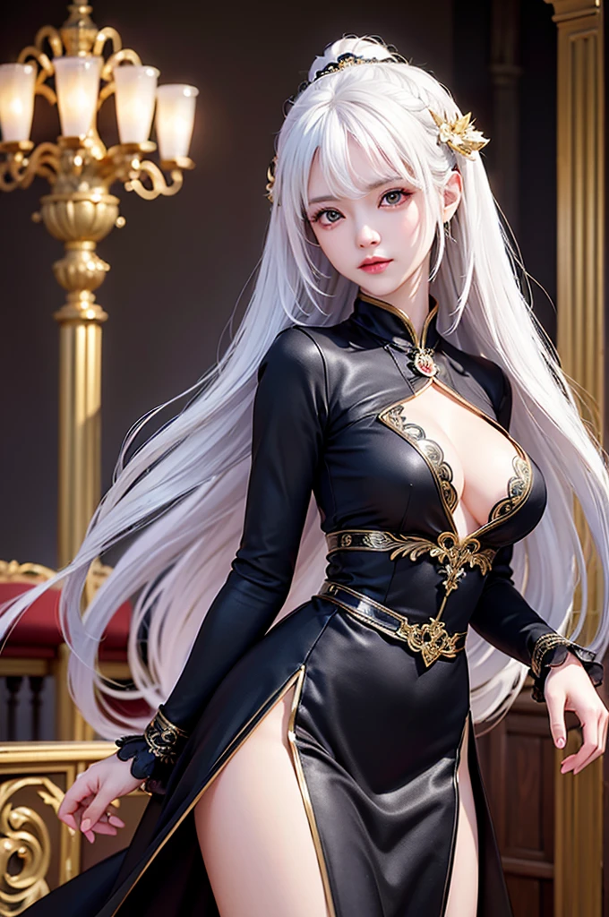 ((masterpiece:1.5,Highest quality,Highly detailed images,Beautiful images、Realistic、Photorealistic、2.5D))(1girl, 独奏)(??????????????, white hair, black eyes, Healthy legs、Tight ???、Beautiful cleavage)(Fantasy dresses、Fantasy Clothes、Battle Dress from Another World、Deep slit)(wind, floating hair)(Inside the castle、Audience Chamber）
