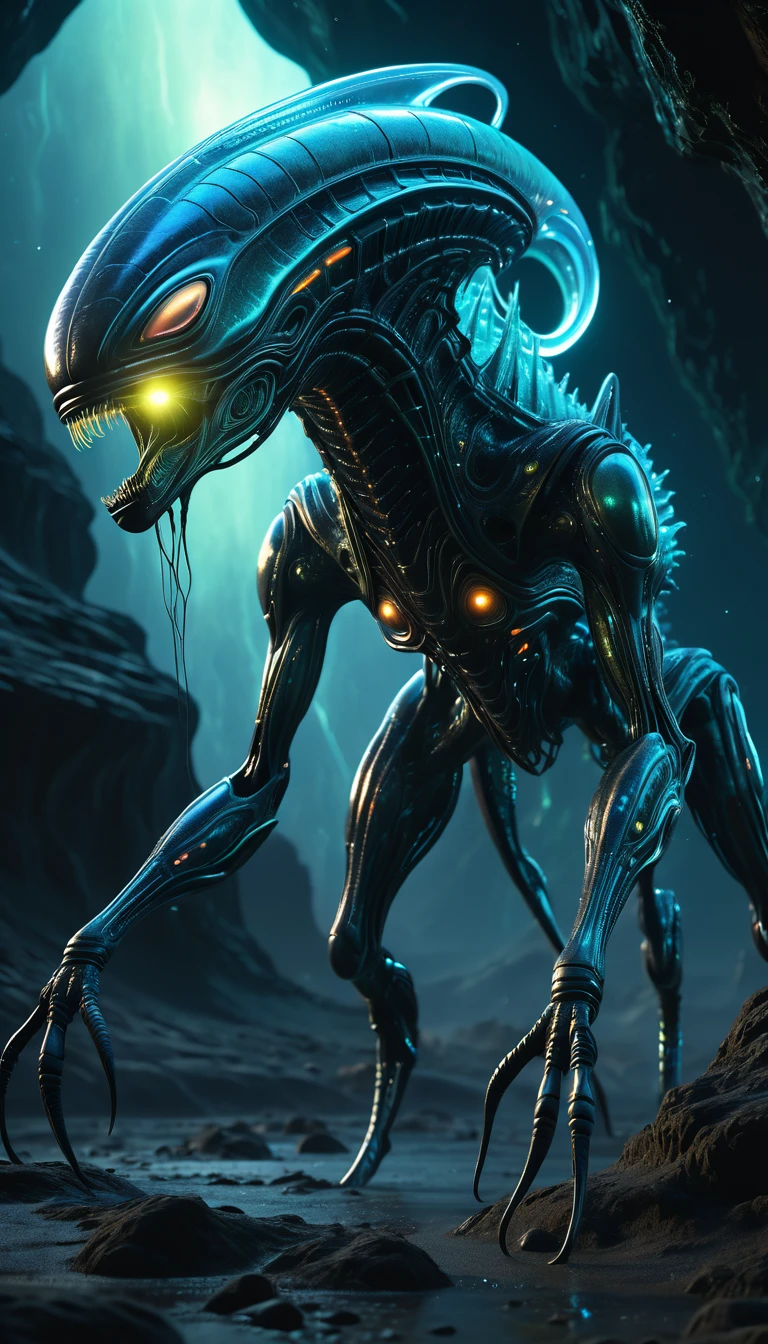 a huge cosmic mimic,sci-fi, detailed alien creature, biomechanical, alien landscape, glowing organic textures, bioluminescent, ethereal, highly detailed, cinematic lighting, dramatic, hyper realistic, 8k, masterpiece
