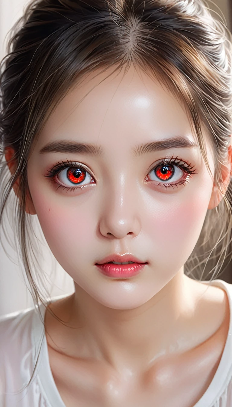 with high definition images,(Realistic painting style:0.9) masterpiece、最高品質魅惑的なmasterpiece、 Silver eyes with shining red pupils、 1girl&#39;s solo portrait、 Dressed in a pink dress、Her long hair and beautiful face make her look elegant.。Bronya&#39;s bangs cascading down her forehead、A slight smile frames her closed mouth.。Gray eyes sparkle beneath one glove.、Her ears are adorned with intricate earrings.