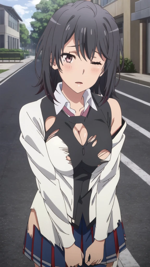 {yukinoshita_haruno_yahariorenoseishunlovecomewamachigatteiru:1.15},black hair, pink_eyes, , 1 girl,,alone, hair between eyes,(undress clothes:1.5),, bare shoulders,white lace panties, cleavage,thighhighs,short hair, ((orgasm:1.7)) , beautiful light, half eye closed, tree　　　　　　　　　　　　　　　　　　　　　　　　　　　　　　　　　　　　　　　　　　　　　　　　　　　　　　　　　　beautiful long legs, Beautiful body, beautiful character design, perfect eyes, Perfect face, expressive eyes, looking at the viewer,(lie on back:1.2) ,(lie on road),in the center of the image, official art,High Definition CG Unity, Perfect lit, bright_front_face_lit, ,(Highest_quality:1.0),4k,Super detailed, photograph, 8K, nffsw, High resolution, absurd:1.2, kodak portrait 400, film grain, Lens flare, (lively_color:1.2) (beautiful,medium breasts:1.4), (beautiful_face:1.3),(narrow_waist),blush, ((detail nipple)),, 