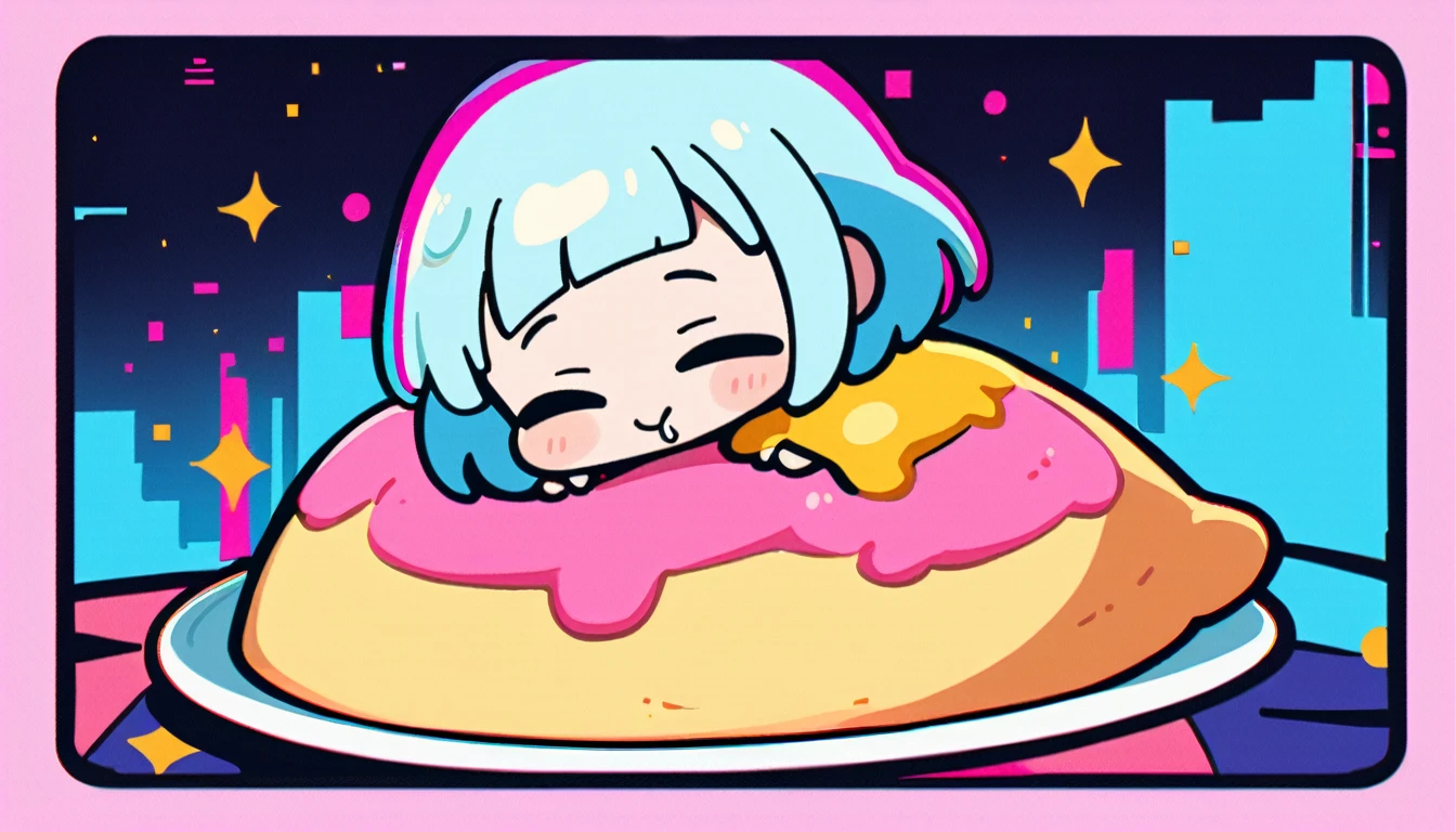 1 female, Light blue hair, short hair、Happy,cute, animation style, kawaii, clearly, colorful cyberpunk, bubblegum pop, cute、Pink and light blue as main colors、eating omelet rice、Anime Style、
