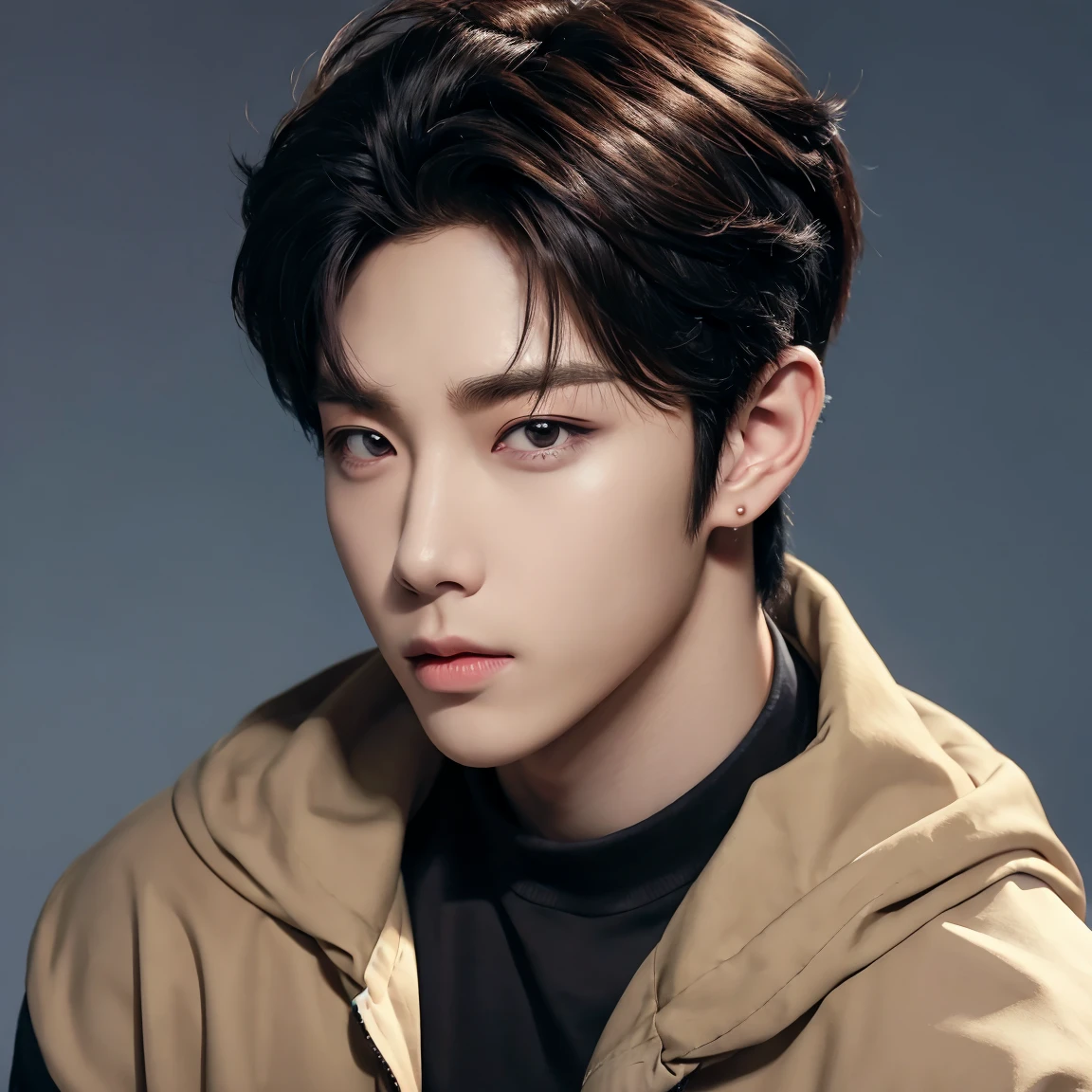 professional portrait photograph, handsome young man, muscular, model, crew cut, detailed face, plain background, kpop