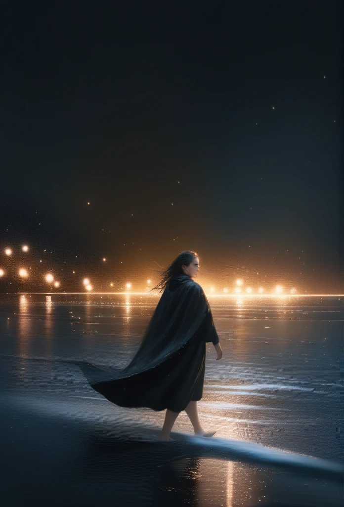 1girl, solo, wlop, long black hair, pale skin, green eyes, black cloak, subtle smile, walking on water, nighttime, (best quality,4k,8k,highres,masterpiece:1.2),ultra-detailed,(realistic,photorealistic,photo-realistic:1.37),HDR,UHD,studio lighting,ultra-fine painting,sharp focus,physically-based rendering,extreme detail description,professional,vivid colors,bokeh,fantasy,atmospheric,dramatic lighting