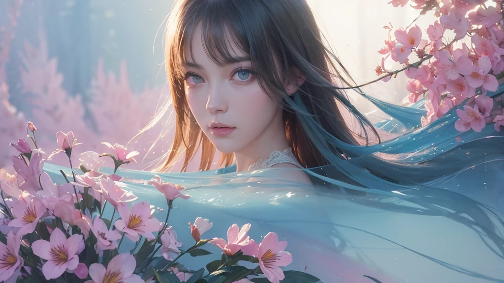 32k, Masterpiece, Highest quality, One girl, Detailed eyes, flower,Alstroemeria, Pink and light blue style,A dreamy, romantic piece,Pale yellow, Mysterious Leaves,A playful arrangement,Fantasy,High Contrast,Ink strokes,explosion,Exposure, Impression of pink and light blue tones,Abstract,((Watercolours by John Berkey and Jeremy Mann )) Brush strokes,Negative Space, Tyndall effect,