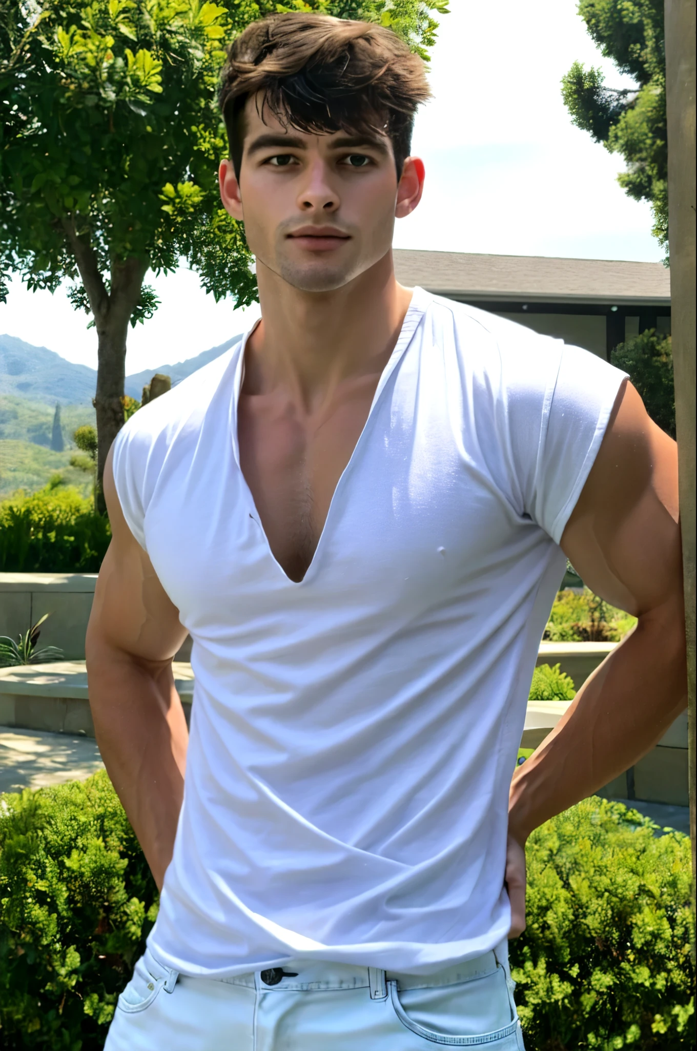 a handsome  boy, masculine, realistic, upper_body, (masterpiece, best quality:1.2), darelljones, elegant pose, white shirt, blue jeans, outdoors, natural light,, (masterpiece,best quality:1.5)