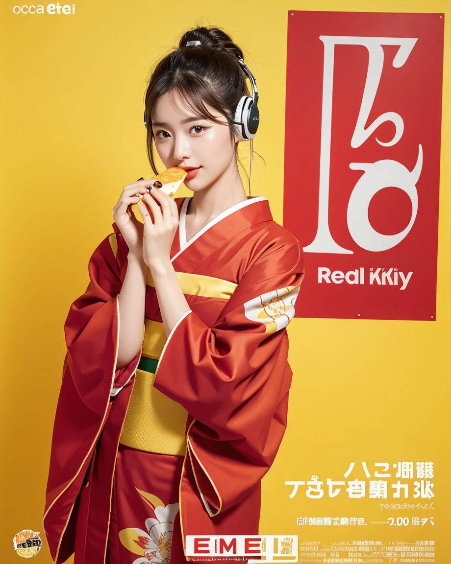 Realistic, 8K, masterpiece, RAW Photos, Highest quality, Realistic, 非常に詳細な CG Unity 8K 壁紙, Written boundary depth, Cinematic Light, Lens flare, Ray Tracing, Perfect lighting,short hair, (Delicate skin), (Delicate face), (Pop Background :1.1), person standing and watching、Comical movement,1 female, (Red kimono:1.31), 、Headphones,(Yellow background),Modern Style,Artistic,moving composition,Unique Pattern,Bold Texture,colorful,Imaginative,Whimsical,Vibrant,like々Shii,Playful,Lively,creative,Expressive,stylish,tendency,One Girl,Eating pizza、Coca-Cola Poster、Lemon on the background