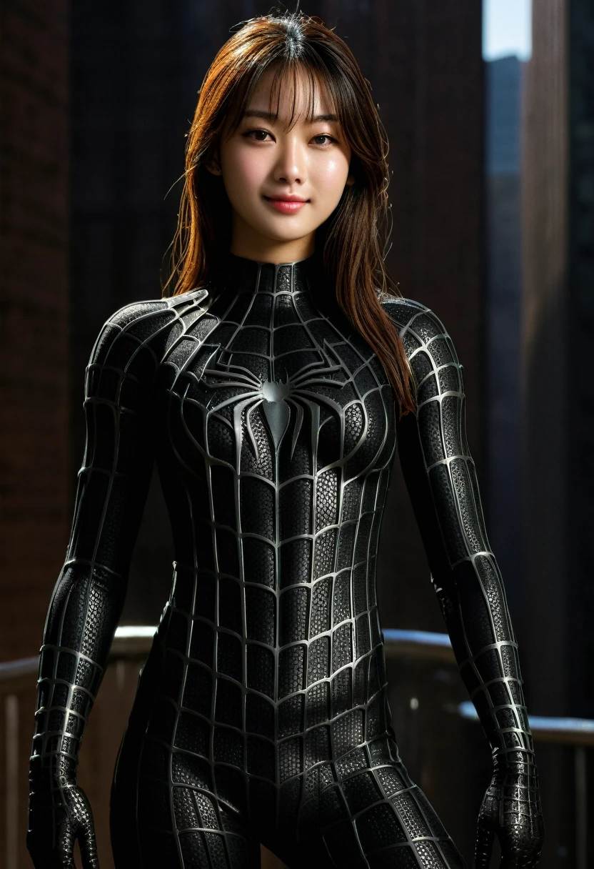 score_9, score_8_up, score_7_up, best quality, realistic, masterpiece, beautiful detail, hyperrealistic, (1girl, woman body, smile), big breasts, amazing detailed full body portrait of a beautiful ulzzang girl, wearing a realistic and highly detailed black raimi spider-man suit, ((huge muscular girl)), professional model wears ultra - detailed black raimi spider - man suit, ultra - detailed and grained black raimi spiderman suit, suit covered entire body and hand, black spiderman gloves, wet, (spider man pose), (full body), (dirty skin), close up, octane render, highly detailed, volumetric, dramatic lighting, (highest quality:1.1), (HDR:1.3), (top quality, best quality), realistic, high definition,
