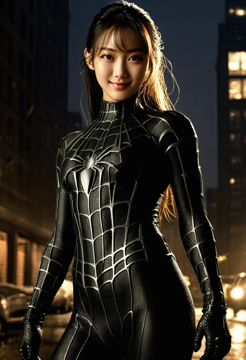 score_9, score_8_up, score_7_up, best quality, realistic, masterpiece, beautiful detail, hyperrealistic, (1girl, woman body, smile), big breasts, amazing detailed full body portrait of a beautiful ulzzang girl, wearing a realistic and highly detailed black raimi spider-man suit, ((huge muscular girl)), professional model wears ultra - detailed black raimi spider - man suit, ultra - detailed and grained black raimi spiderman suit, suit covered entire body and hand, black spiderman gloves, wet, (spider man pose), (full body), (dirty skin), close up, octane render, highly detailed, volumetric, dramatic lighting, (highest quality:1.1), (HDR:1.3), (top quality, best quality), realistic, high definition,