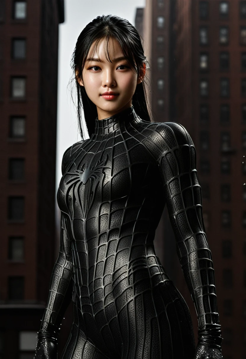 score_9, score_8_up, score_7_up, best quality, realistic, masterpiece, beautiful detail, hyperrealistic, (1girl, woman body, smile), big breasts, amazing detailed full body portrait of a beautiful ulzzang girl, wearing a realistic and highly detailed black raimi spider-man suit, ((huge muscular girl)), professional model wears ultra - detailed black raimi spider - man suit, ultra - detailed and grained black raimi spiderman suit, suit covered entire body and hand, black spiderman gloves, wet, (spider man pose), (full body), (dirty skin), close up, octane render, highly detailed, volumetric, dramatic lighting, (highest quality:1.1), (HDR:1.3), (top quality, best quality), realistic, high definition,
