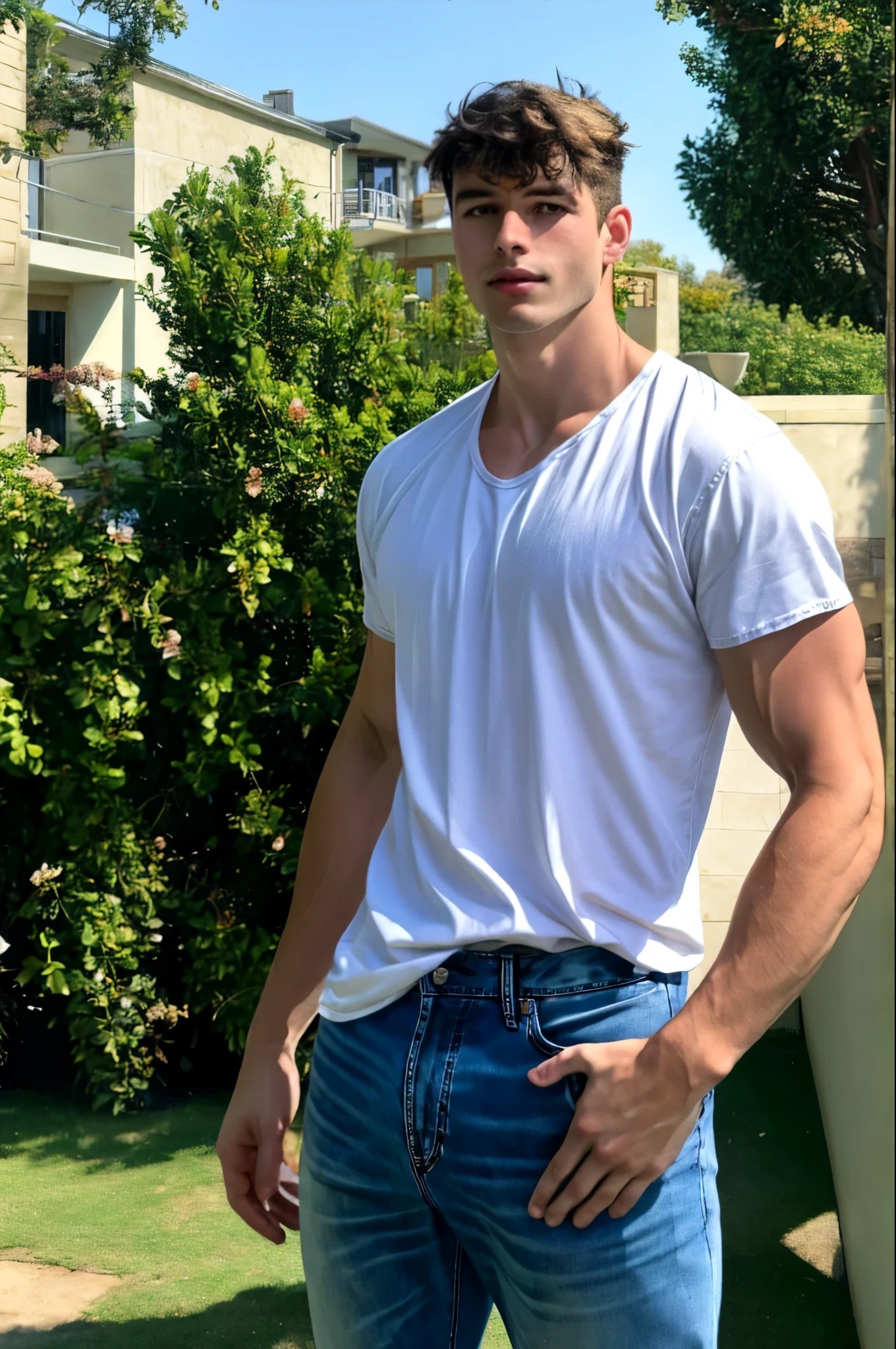 a handsome topless boy, masculine, realistic, upper_body, (masterpiece, best quality:1.2), darelljones, elegant pose, white shirt, blue jeans, outdoors, natural light,, (masterpiece,best quality:1.5)