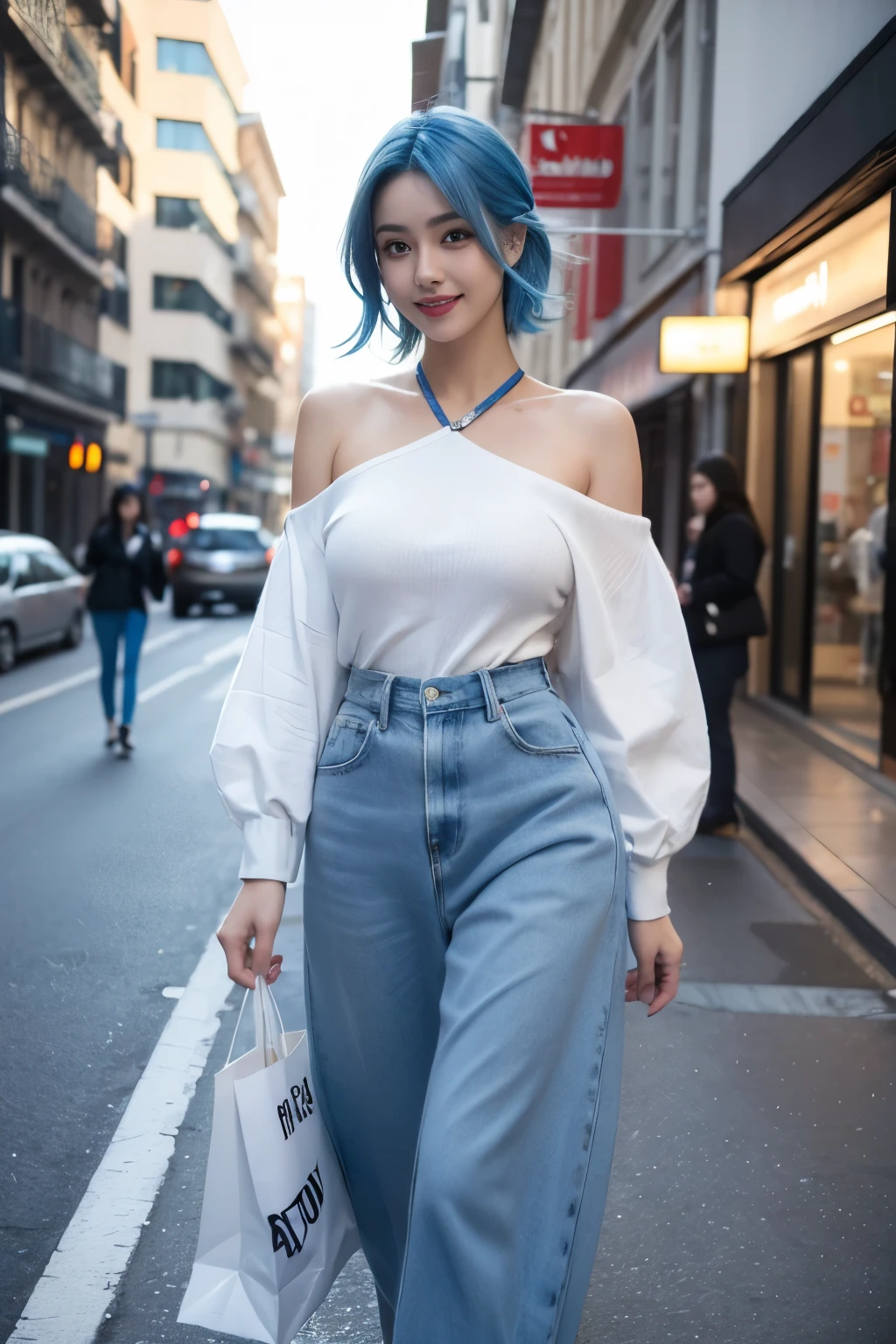 hyper realistic arafed an beautiful woman with blue hair walking down a street with shopping bags, gorgeous woman, beautiful model girl, girl with blue hair, pretty girl with blue hair, beautiful blue haired girl, gorgeous female, attractive girl, beautiful female model, stunning woman, cute woman, smiling fashion model, by Zahari Zograf, happy fashion model, attractive woman, beautiful girl model, best quality, vivids, masterpiece, UHD, 8k