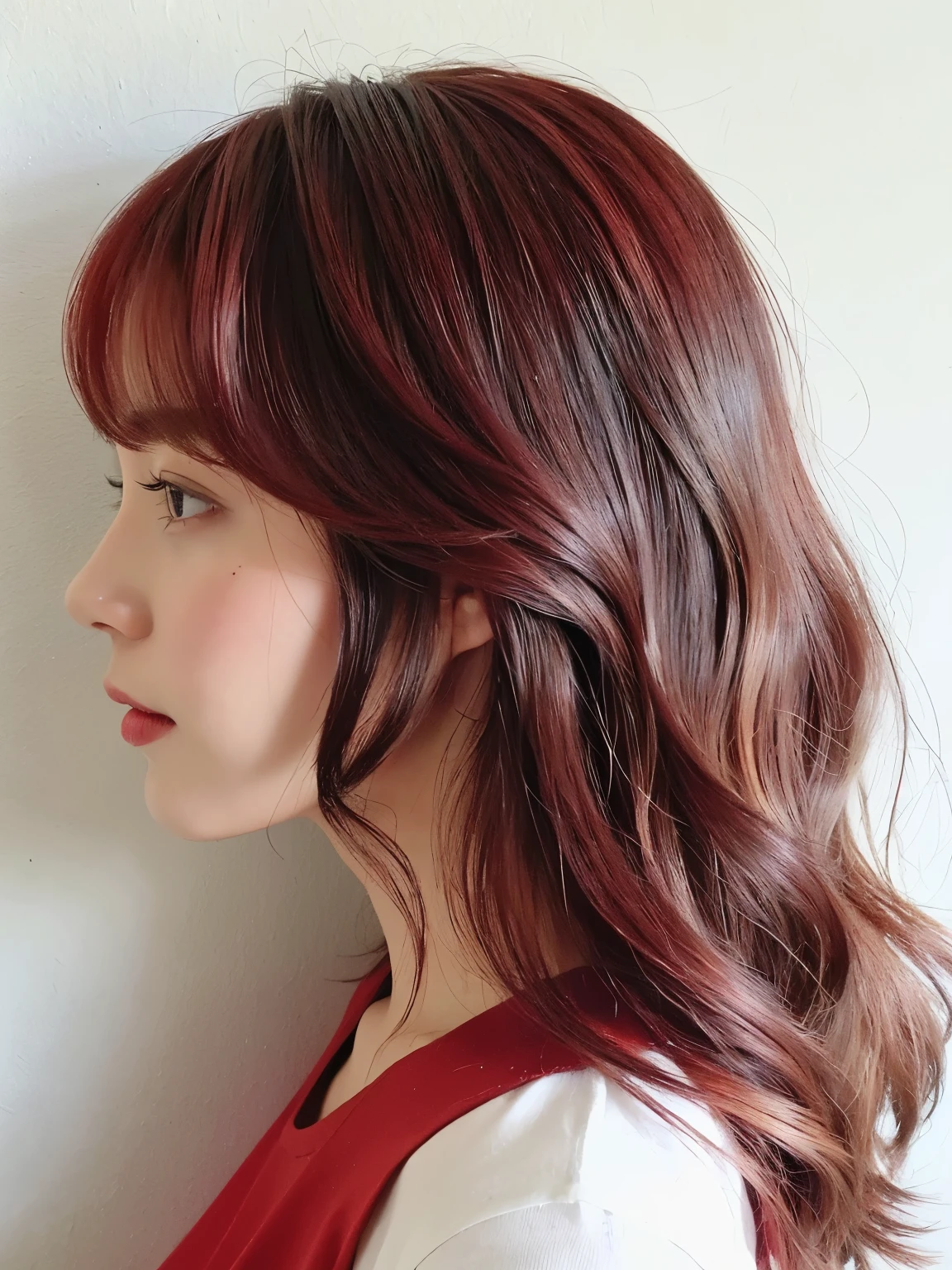 Stylish white short sleeve top、Silky Hair、30-year-old woman(Hair color is dark red、Detailed Hair:1.4)、White wall、profile、Don't look at the camera、In front of the white door、(窓のあるWhite wallの部屋)、dark pink hair color、Dark pink hair、((Highest quality、8K、masterpiece:1.3))、Ultra-high resolution、(photoGenuineistic:1.4)、RAW Photos、Japanese,(detailed aspects)、Genuine、Photographed in natural light、Highly detailed face and skin texture、Bobカット、Bob、Short Hair、Highly detailed lips、The correct state of the human body、Medium Hair、Mr..々Pause、Natural color lip、Shiny Hair