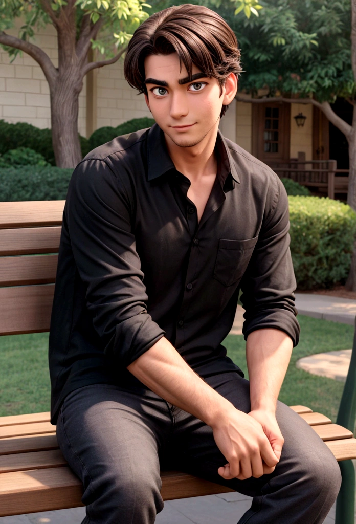 man sitting on a bench in a black shirt, looking at the camera in disney style