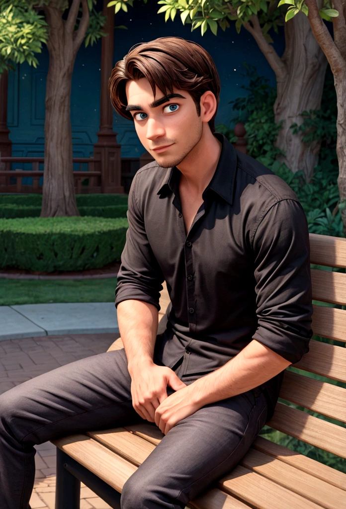 man sitting on a bench in a black shirt, looking at the camera in disney style