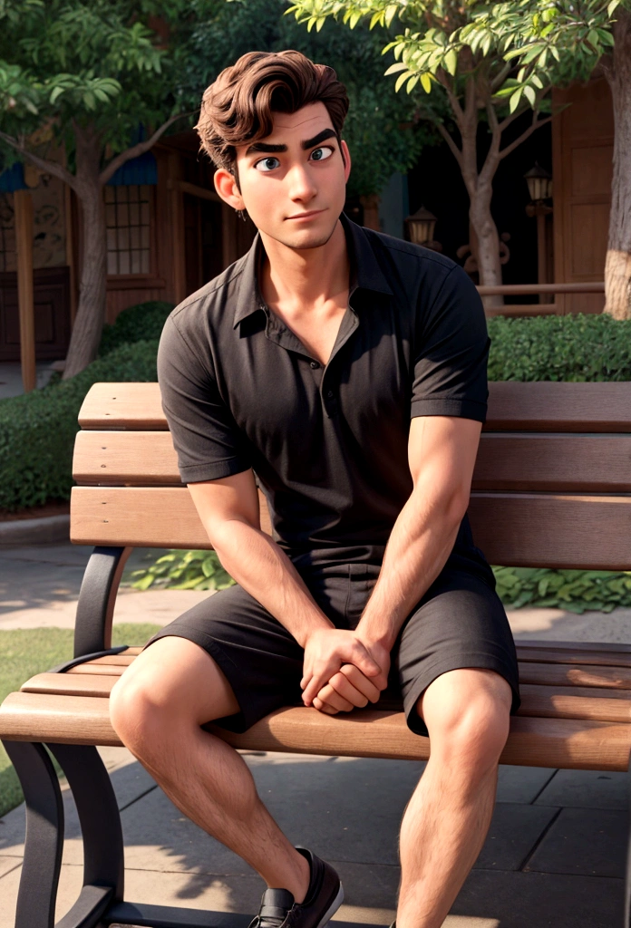 man sitting on a bench in a black shirt, looking at the camera in disney style