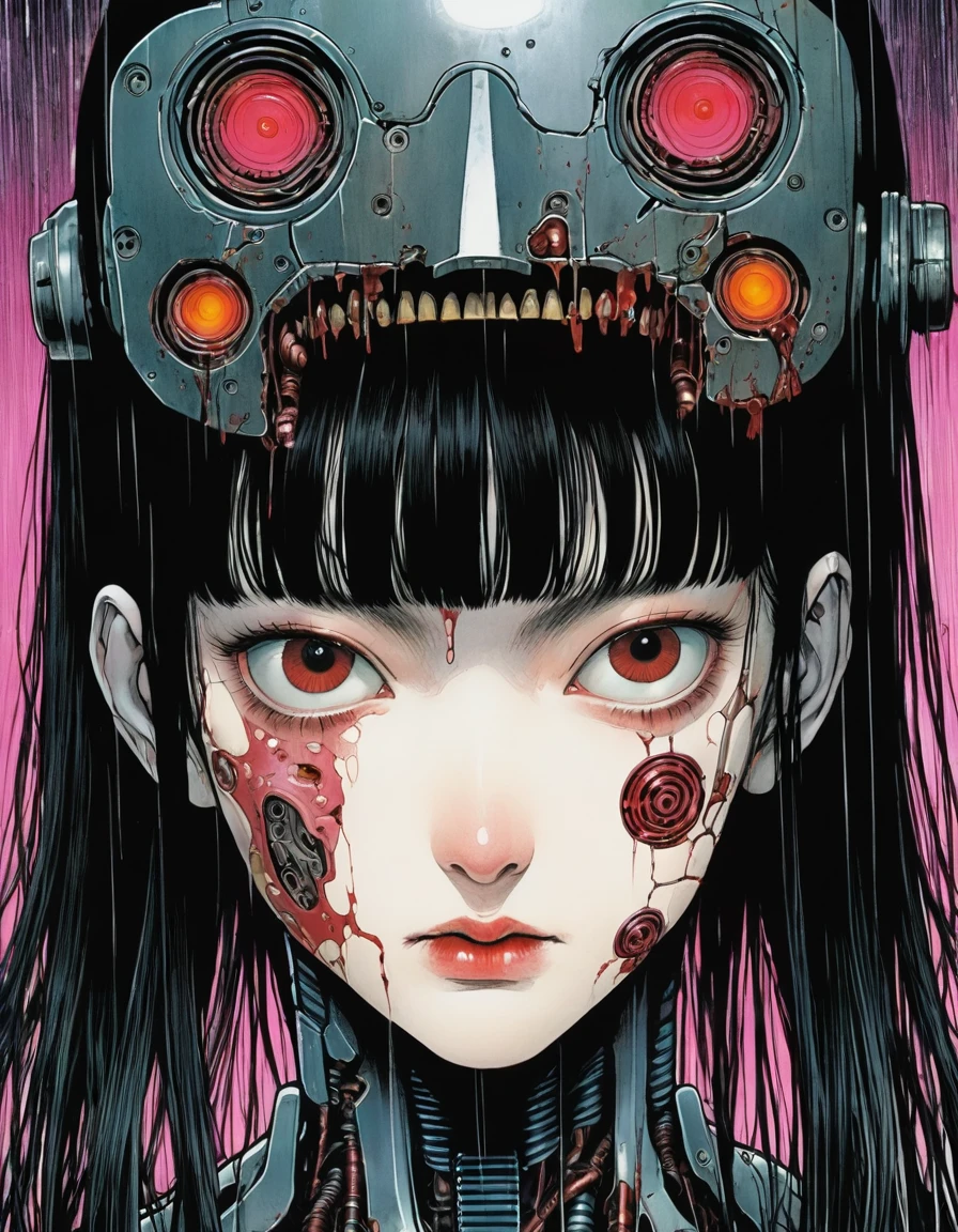 illust、art、from 80s horror movie, directed by Junji Ito、Cyborg Girl、The skin on half of the face has been torn off, revealing the robot&#39;s face.、Sci-fi horror、high detail, realsitic shadow、Analog style, vhs style, 8mm film, chromatic aberration, Dvd screengrab、Complementary color gradient