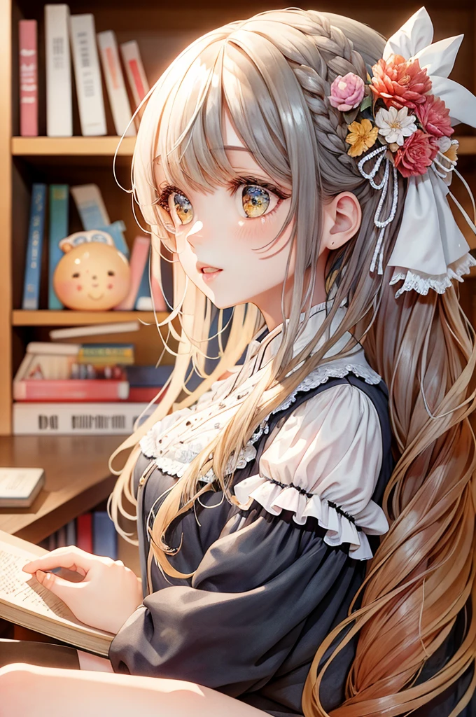 Girl reading a book in the library、Long Hair-、Fluffy white ruffled dress、Flower Hair Ornaments