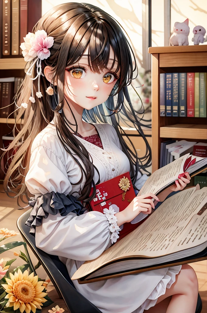 Girl reading a book in the library、Long Hair－、Fluffy white ruffled dress、Flower Hair Ornaments