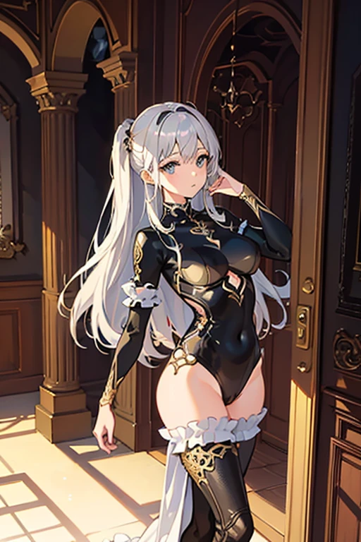 Fine illustration, ultra detailed, highres, from front, , ars_old girl, elegant pose, black_dress, bodysuit, silver long hair, extream beautiful and delicate girl, scenary world, detailed bodysuit with glittery decoration of dress, detailed embroidery, extremely layered frills, detailed texture, detailed pattern, room background,