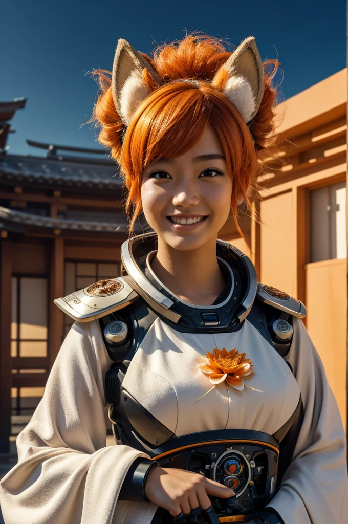 Understood, here is the description following the structure you initially provided:

"High quality and highly detailed masterpiece. Represents a futuristic robot dedicated to caring for the environment. The central figure is a robot girl with animal ear fluff and mechanical fox ears. Her fluffy orange hair is adorned with a flower as a hair ornament. He is wearing a white kimono with Japanese design and is looking at the viewer with a smile. The background shows a gradient that highlights the beautiful lighting. The phrase that accompanies the work is: &#39;Caring for tomorrow&#39;. This piece captures the fusion between modern aesthetics and environmental mission."