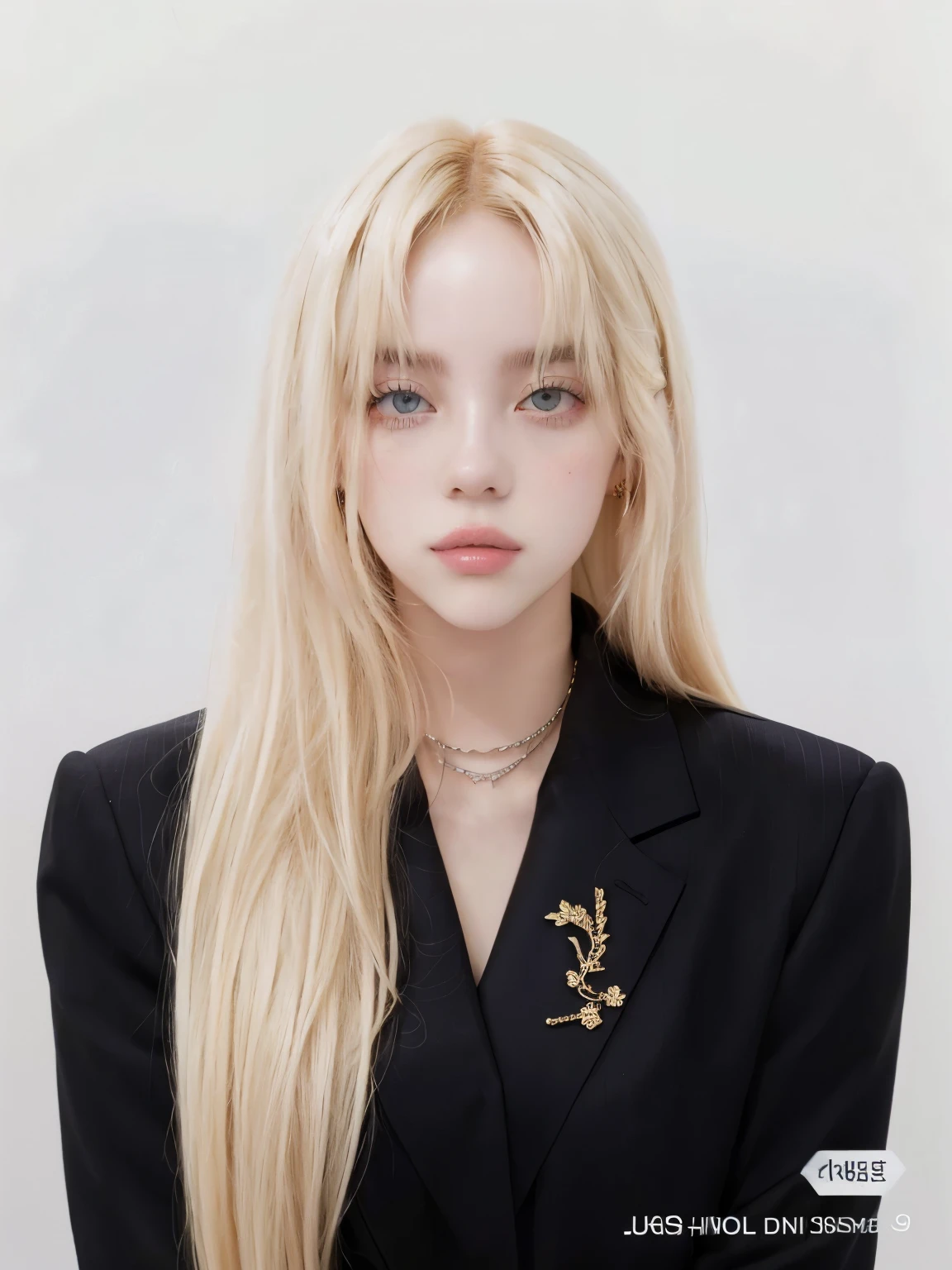 a close-up of a person with long blonde hair wearing a suit, portrait of jossi de blackpink, jossi de blackpink, retrato de jisoo de blackpink, ellie bamber, Jisoo de Blackpink, jisoo de blackpink, jia, parque roseanne de blackpink, hada ellie bamber, Her hair is white, leaked image, pale ivory skin, with long white hair, sun yunjoo