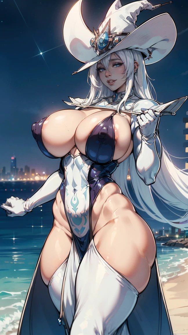 Silent magician, milf, old woman, white hair, micro bikini, ((micro bikini azul, flushed, smile coqueta, black lipstick)) , (( flushed, smile, oiled skin, mucha piel visible)), long hair, white hair, picking up her breasts, (( micro bikini, picking up her breasts)), curvy body, (( gigantic sagging breast, showing off her breasts, exhibitionism, usando solo guantes blancos y sombrero de mago blanco, nipples)), cuerpo desnudo, long legs, open legs , abs , muscle, Iparuputsua, standing, on the beach at night, city lights in the distance, Cancun, image from below