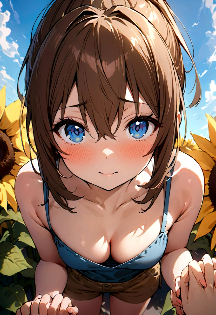 16K、masterpiece、High resolution、((17 year old female))、Little chest、(((thin, Clothes that reveal cleavage))、((thinパンツ))、Captivating look、(())、Very close、Top view、ponytail、Brown Hair、Holding hands、blue sky、Sunflowers bloom