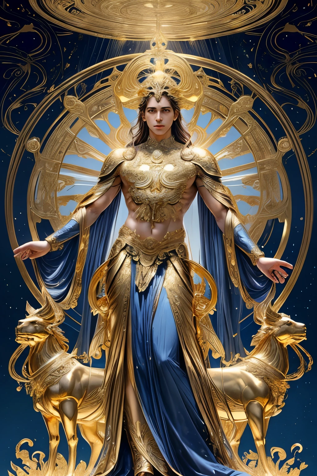 Art nouveau male Apollo god standing in gold chariot, gold leaf accents, deep blue background, rule of thirds, classic composition, flowing lines, radiant glow, intricate details, dynamic movement, ethereal atmosphere, highly detailed, trending on deviantart, prompt by JDS